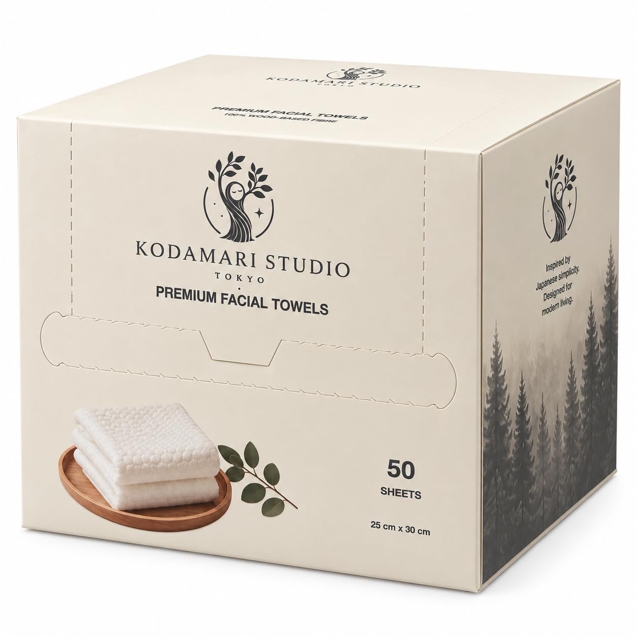 Cream KODAMARI STUDIO box with 50 white disposable facial towels